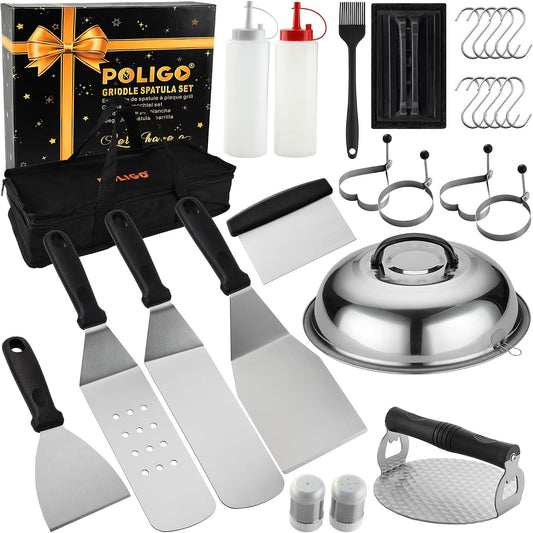 POLIGO 28PCS Griddle Accessories Kit, Flat Top Grill Accessories Set for Camp Chef, Grill Spatula Set with Enlarged Spatulas, Basting Cover, Scraper for Cooking Indoor or Outdoor Barbecue