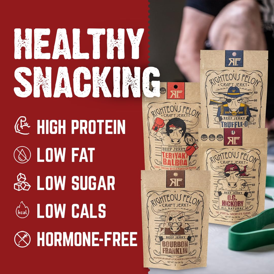 Righteous Felon Beef Jerky - High Protein Jerky Snack Pack - Father'S Day Jerky for Dad - Locally Sourced & Dried Beef Jerky - Low-Sugar, Keto, Gluten-Free Jerky Snacks - Savory 4 Pack Sampler