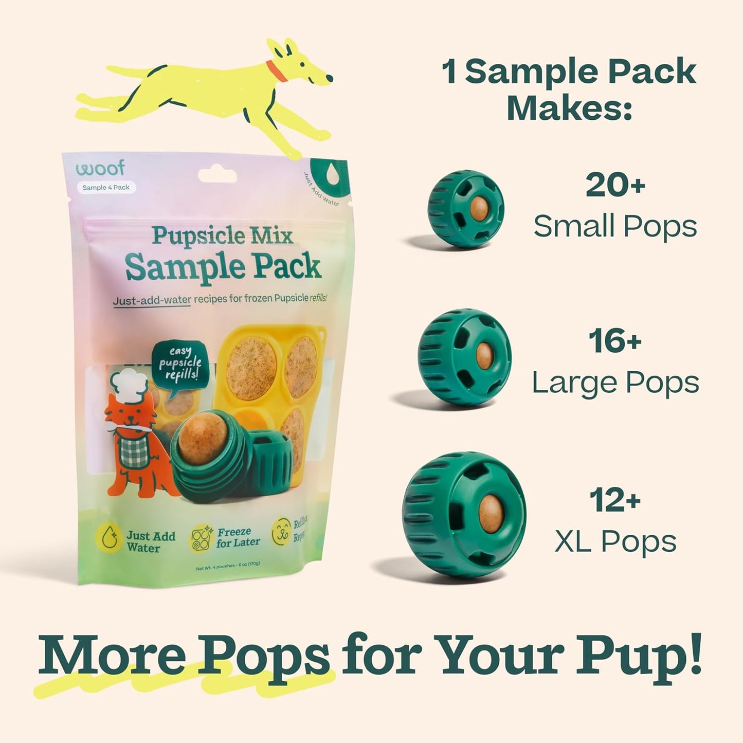 WOOF Pupsicle Mix Sample Pack - Easy-To-Make DIY Pupsicle Refills - Delicious Mix for the Pupsicle Interactive Dog Toy - with Bacon & Cheese, Calming, Balanced Belly, and Dental Mix - 4 Pack Sampler