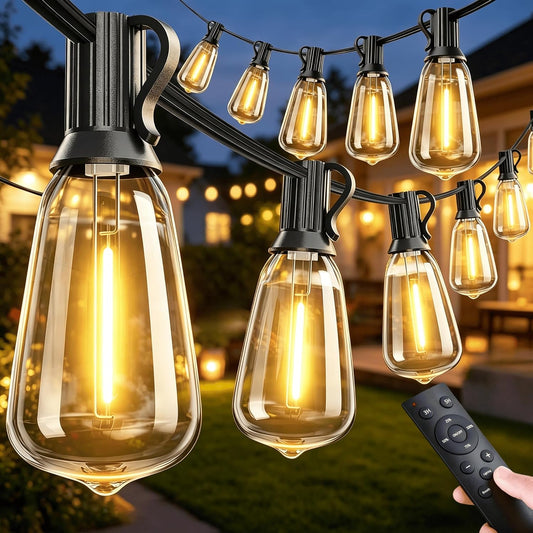 Outdoor Patio String Lights: 100Ft 30M outside Waterproof Light - Remote Dimmable ST38 Shatterproof Bulb Connectable Hanging Outdoor Electric Lighting - Backyard Yard Gazebo Porch Party