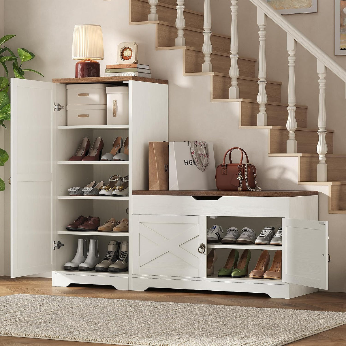47'' Shoe Cabinet with Bench Seat, 7-Tier Shoe Storage Bench for Entryway with Hidden Lift Top Storage and Adjustable Shelves, 0.7'' Top Panel for Hallway Entrance, White