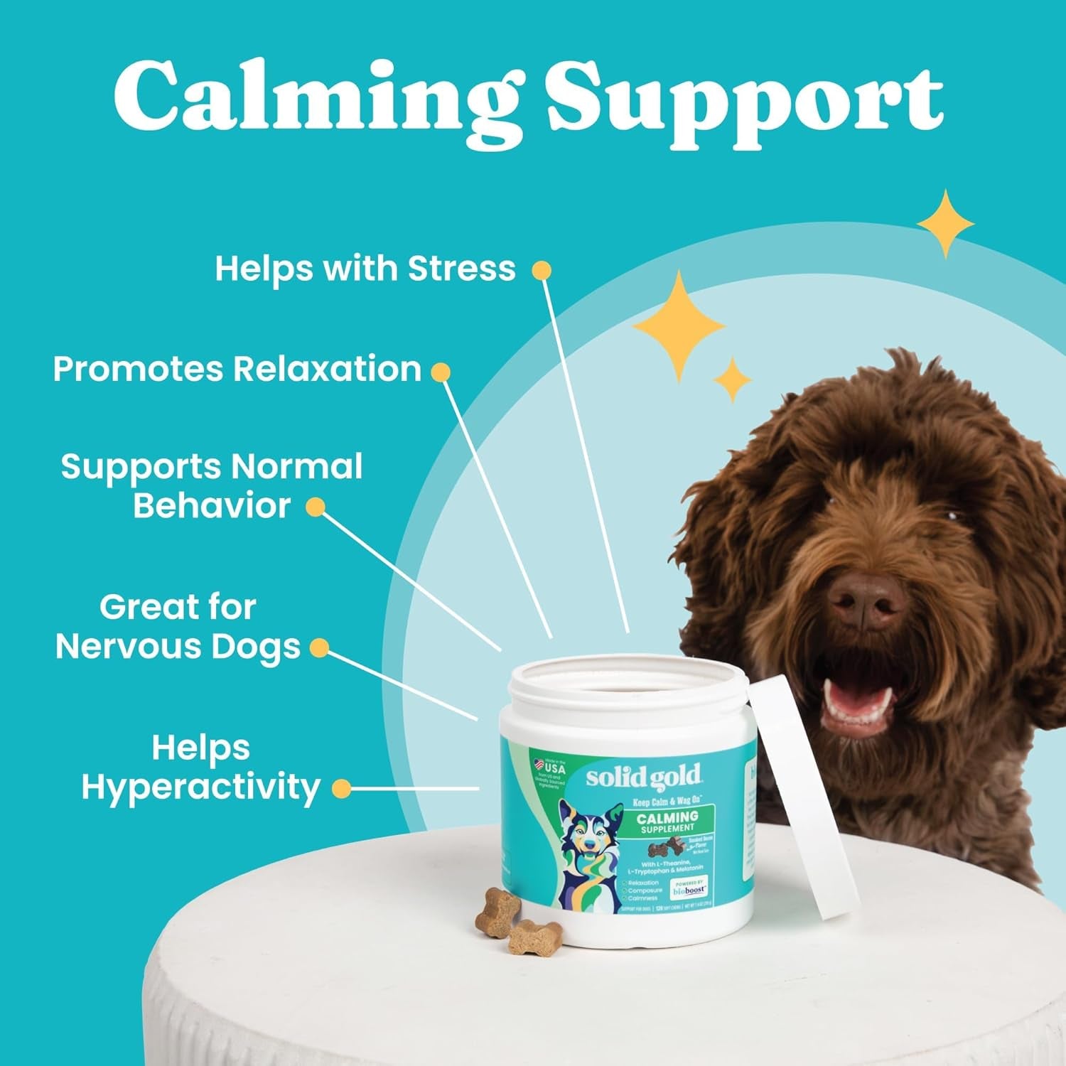 Solid Gold Calming Chews for Dogs - Dog Calming Chews W/Melatonin for Separation, Stress & Hyperactivity Relief - Supports Relaxation for Travel, Fireworks & Storms - All Ages & Sizes - Bacon 120Ct