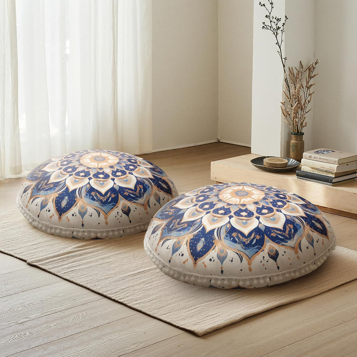 Meditation Cushion Set of 2, round Floor Pillow Seating for Adults, Bohemian Mandala Yoga Cushion, 32" Extra Thick Memory Foam Removable Washable Cover, Ideal Gift Holiday Decor, Blue