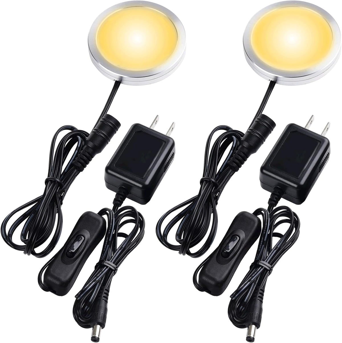 Single LED Puck Light for under Obove Cabinet Counter Bar Shelf Back Lighting, 120V Electric Direct Wall Plug In, Handy on off Switch, Black Cables, 2 Packs, Warm White