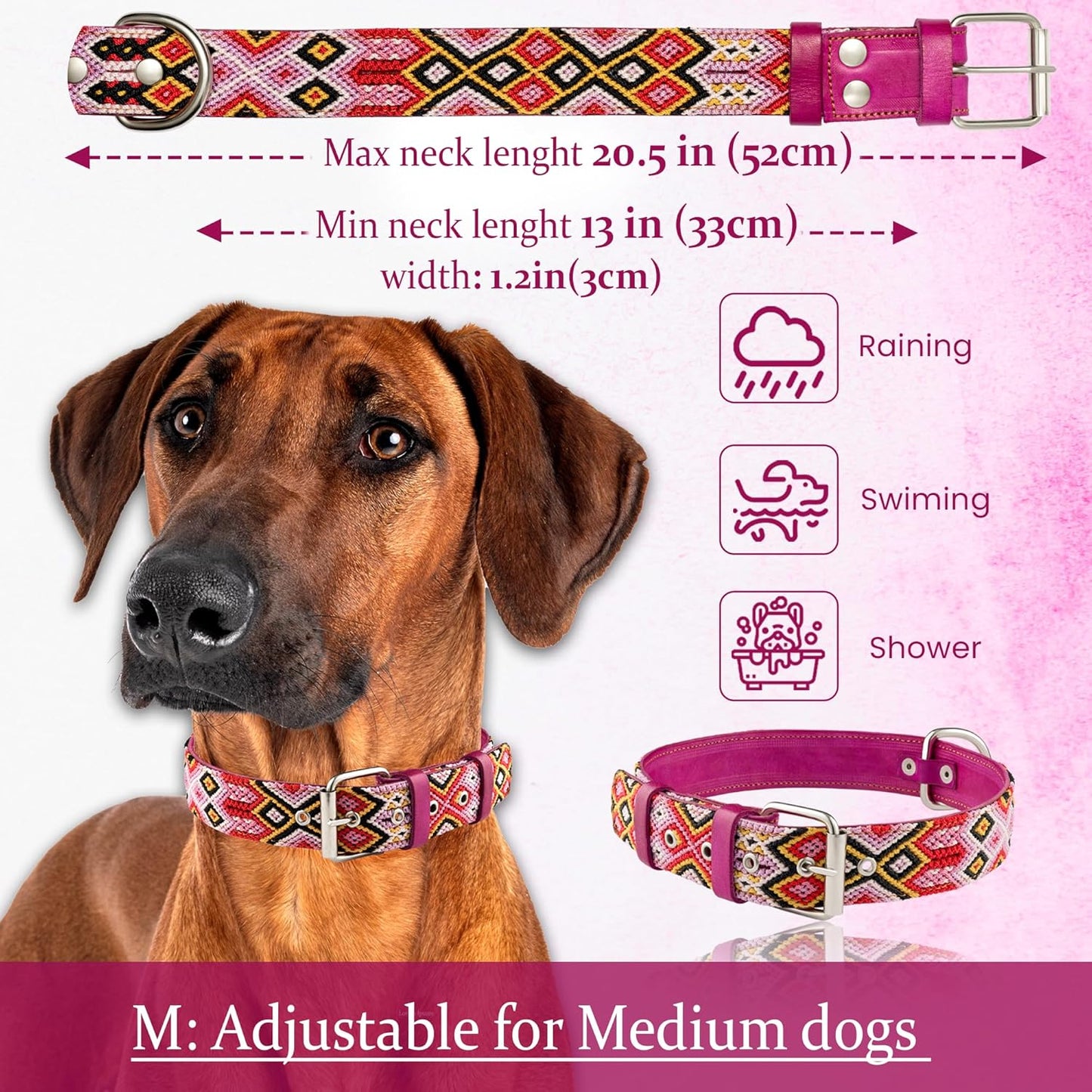 Leather Western Dog Collar - Embroidered, Handmade, Blue Pink, Medium Large, Cute, Collar Para Perros (Rose Blush)