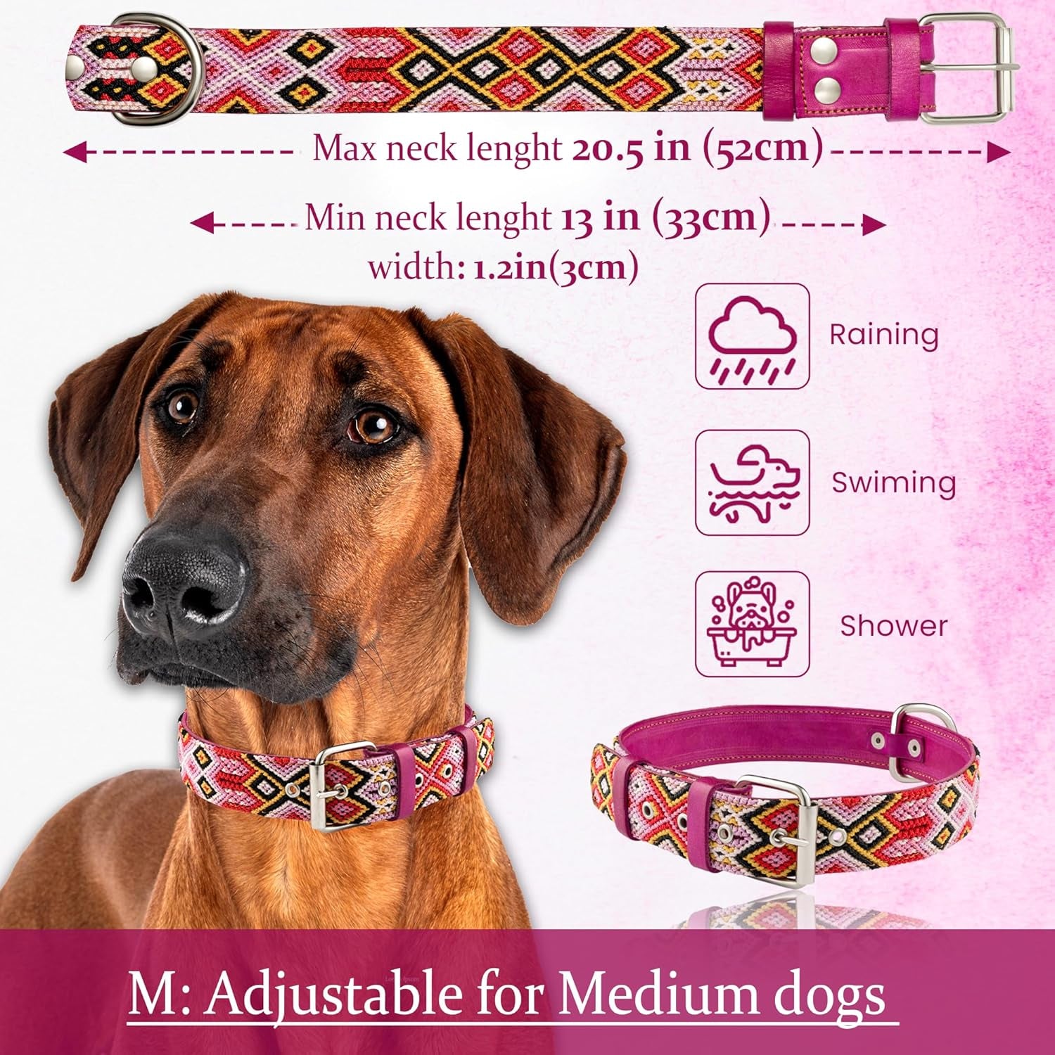 Leather Western Dog Collar - Embroidered, Handmade, Blue Pink, Medium Large, Cute, Collar Para Perros (Rose Blush)
