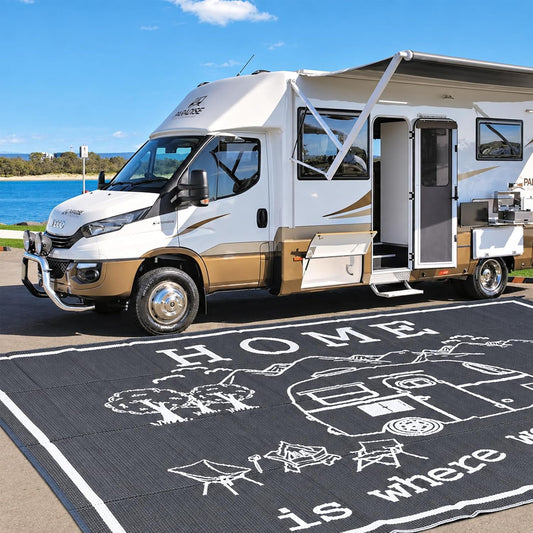 FACOYANS 9X12 FT RV Outdoor Rug - Home Is Where We Park It Reversible Camper Mat - Waterproof Plastic Straw Camping Rug with Carry Bag - UV Resistant, Easy Clean Patio & Awning Mat