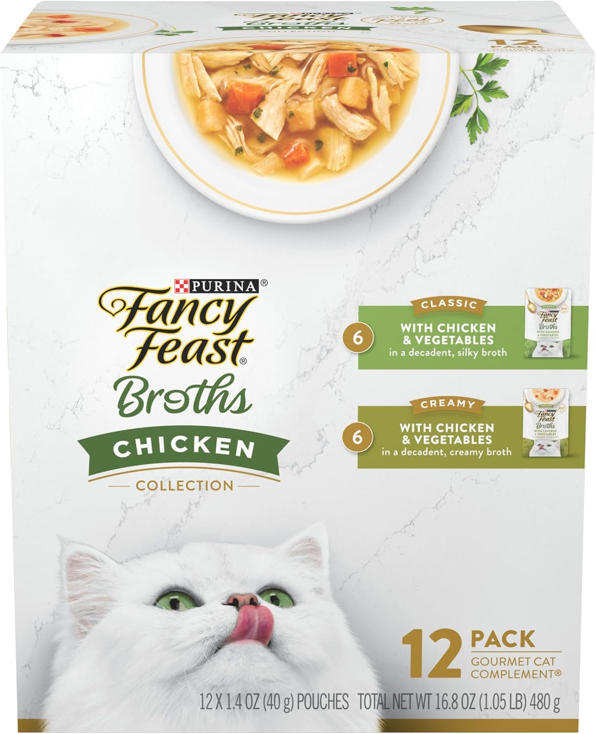 Purina Fancy Feast Chicken Broth Complement Lickable Grain Free Wet Cat Food Variety Pack - (Pack of 12) 1.4 Oz. Pouches