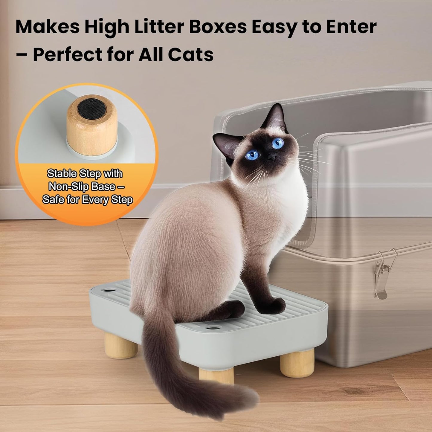 Litter Box Step, Litter Box Ramp/Catcher with Wooden Base, Anti-Tracking & Easy to Clean, Ideal for Small & Elderly Cats (Grey)