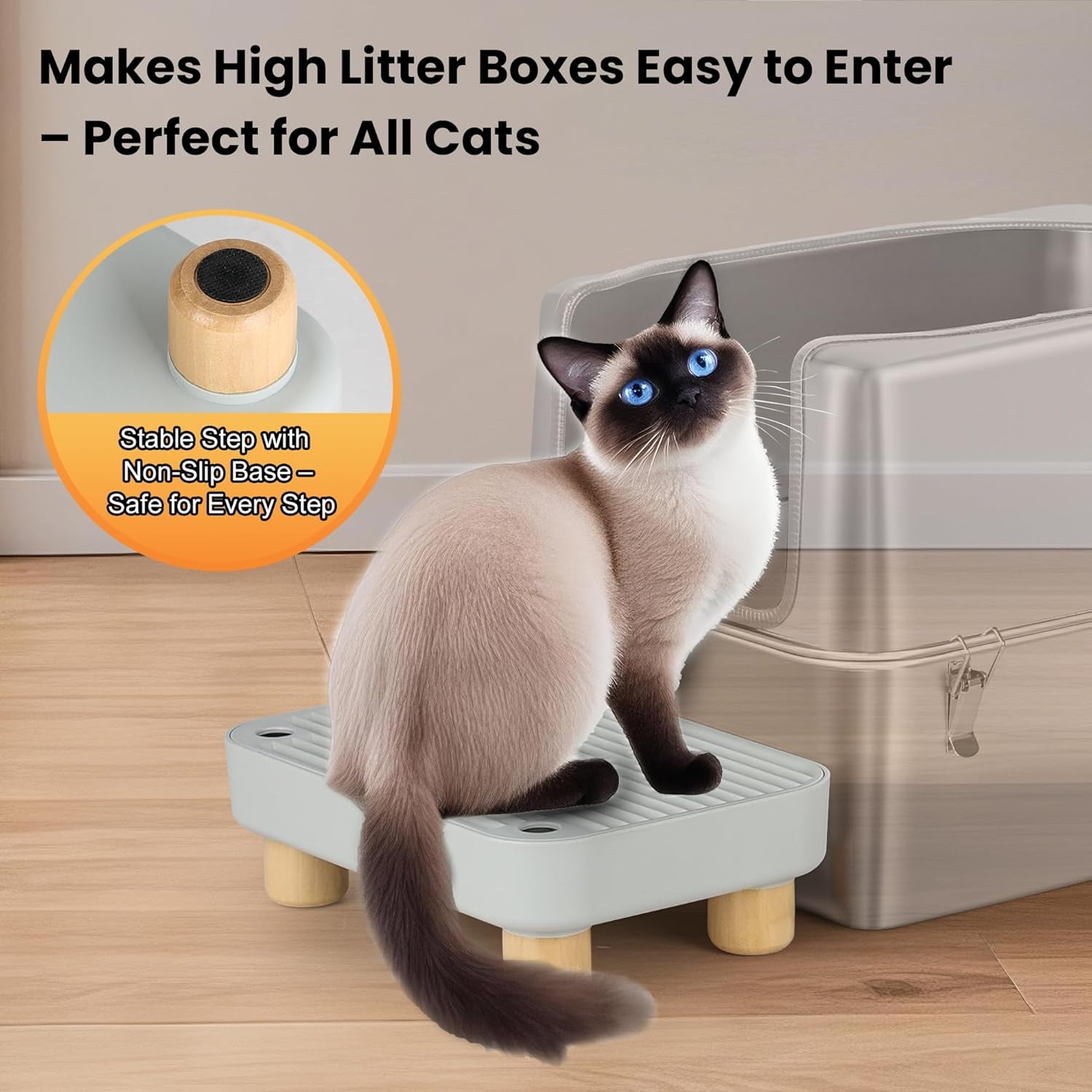 Litter Box Step, Litter Box Ramp/Catcher with Wooden Base, Anti-Tracking & Easy to Clean, Ideal for Small & Elderly Cats (Grey)