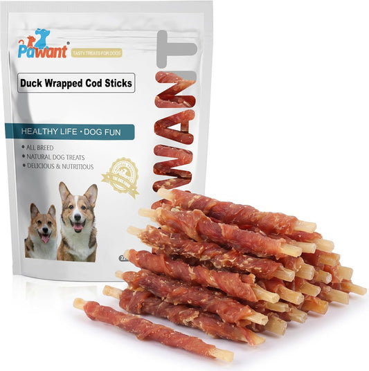 Rawhide Free Duck Wrapped Cod Sticks, Soft Chews Puppy Training Snacks, Low Fat Skin and Coat Support Dog Treats, 227G (8Oz)