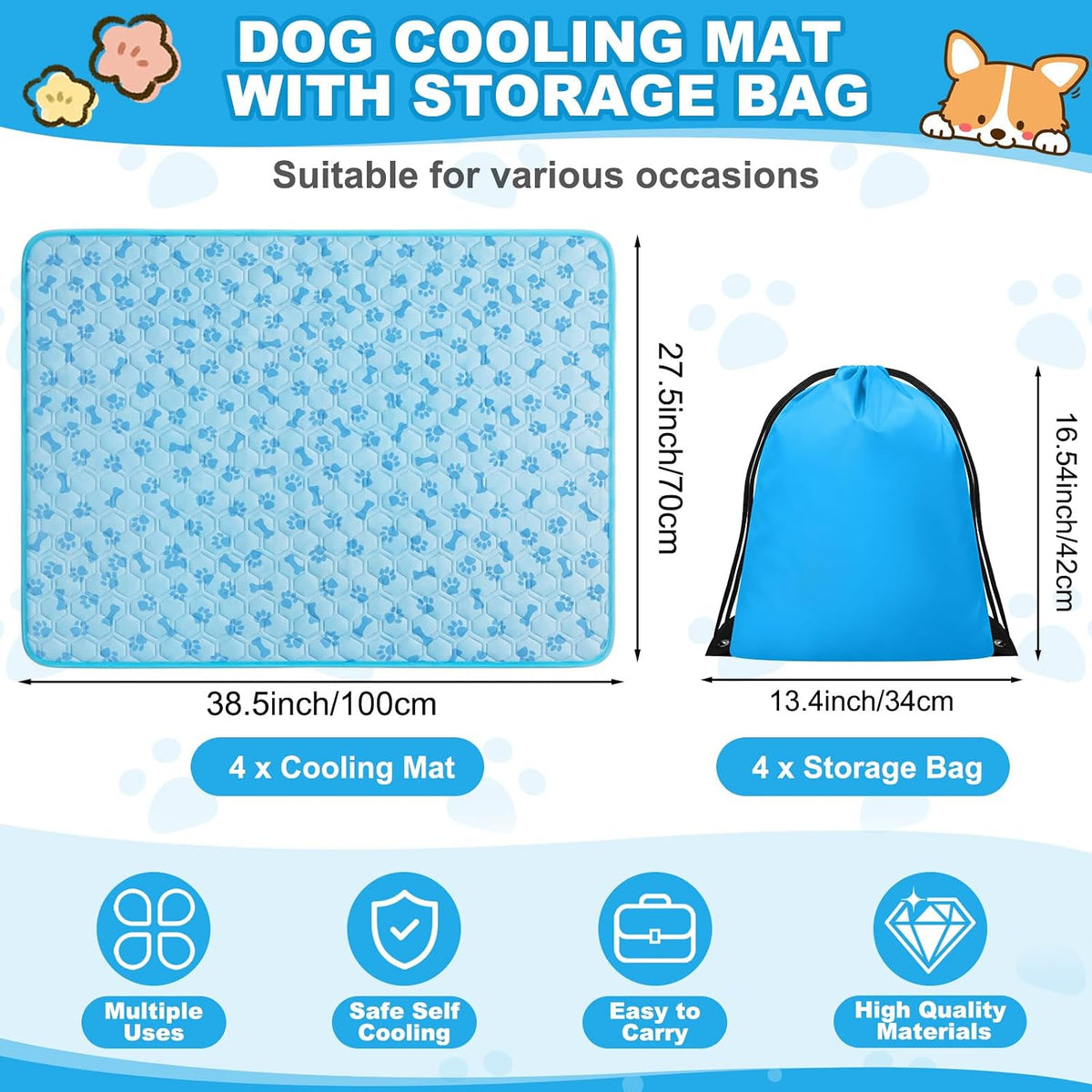 Hahafelt 4 Pack Dog Cooling Mat with Storage Bag 40" X 28" Blue Ice Silk Cooling Mat for Dogs Cats Washable Foldable Pet Sleeping Pad for Crate Bed Indoor and Outdoor Floor