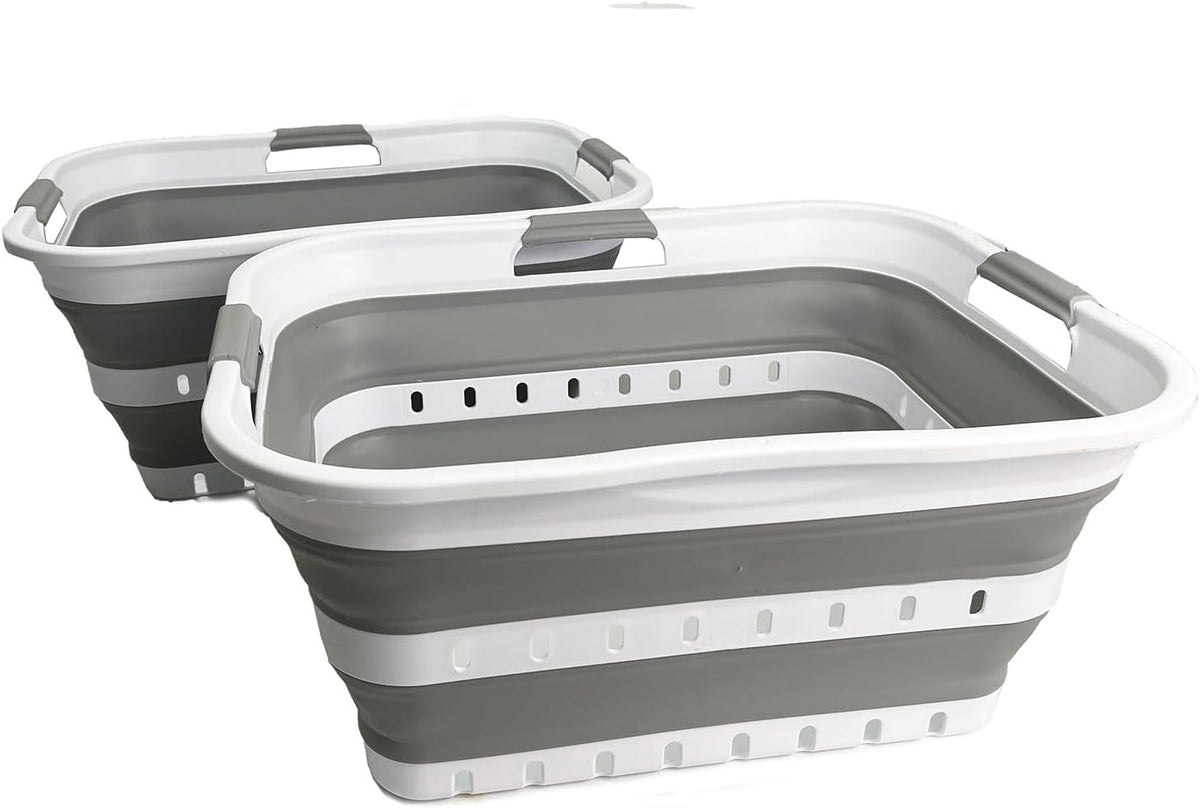 SAMMART 42L (11 Gallons) Set of 2 Plastic Foldable Storage Basket/Container - Collapsible, Space Saving and Portable Laundry Hamper, Ideal for Home, Travel, Dorm, and Camping (2, White/Grey)