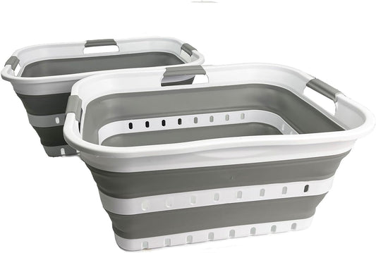SAMMART 42L (11 Gallons) Set of 2 Plastic Foldable Storage Basket/Container - Collapsible, Space Saving and Portable Laundry Hamper, Ideal for Home, Travel, Dorm, and Camping (2, White/Grey)