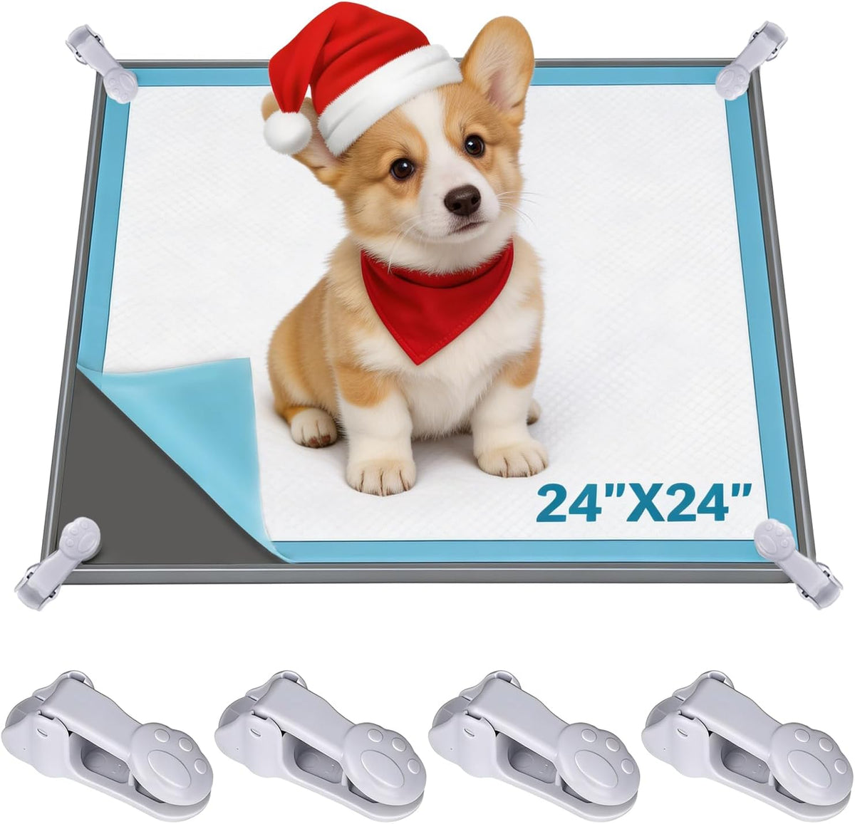 Dog Pee Pad Holder with 4 Clamps, Fits up to 24" X 24" Training Pads, Silicone Non-Slip Puppy Pad Holder Tray, High Edge Pee Pad Tray, Easy to Clean for Puppy Potty Training, Gray