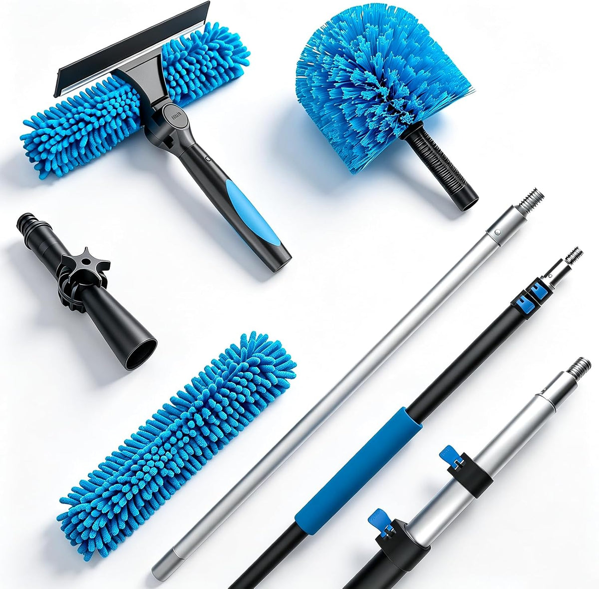 20FT Cobweb Duster with Extension Pole, Featuring 5‑15Ft Extension Pole, Spider Web Brush & Window Squeegee for Indoor & Outdoor High‑Place Cobweb Removal, Squeegee for Windows at Various Heights