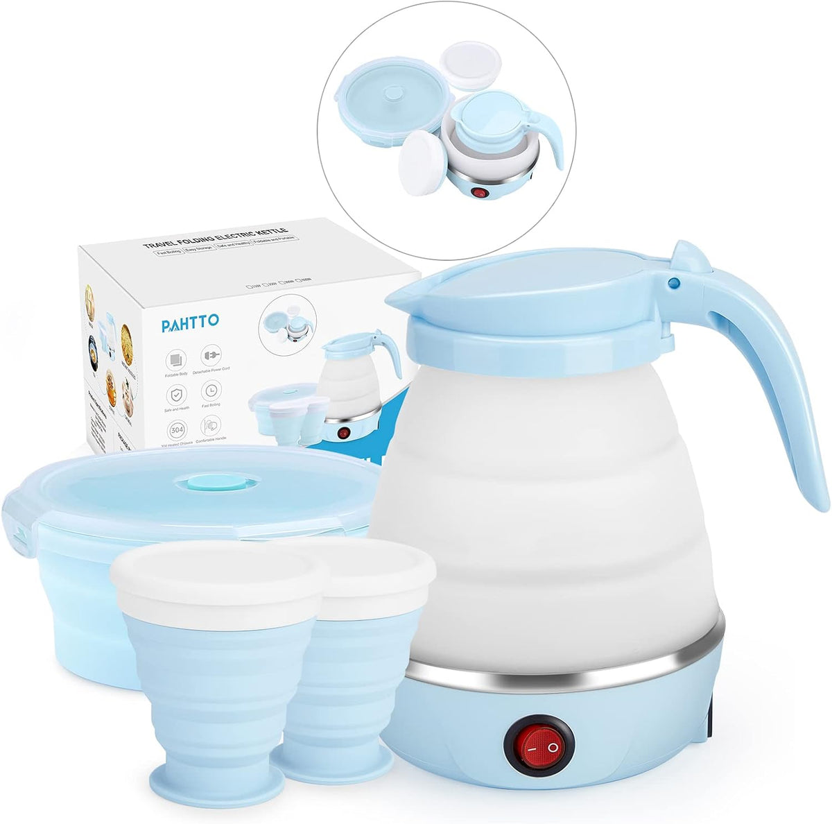 Travel Foldable Electric Kettle, Portable Kettle for Fast Water Boiling Tea Coffee, with 1 Collapsible Bowl and 2 Cups, Food Grade Silicon, 600ML 110V