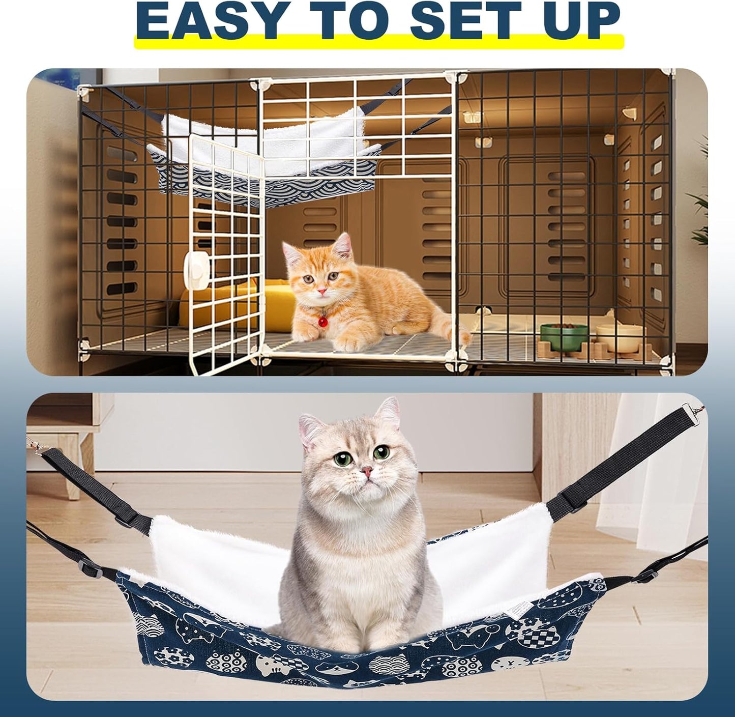BCHARYA 2 Pieces Cat Hammock for Cage Hanging Reversible, Soft Pet Cage Hammock with Adjustable Straps, Double Hammock Suitable for Cats, Puppy, Ferrets, and Small Animals (M, CAT) ﻿