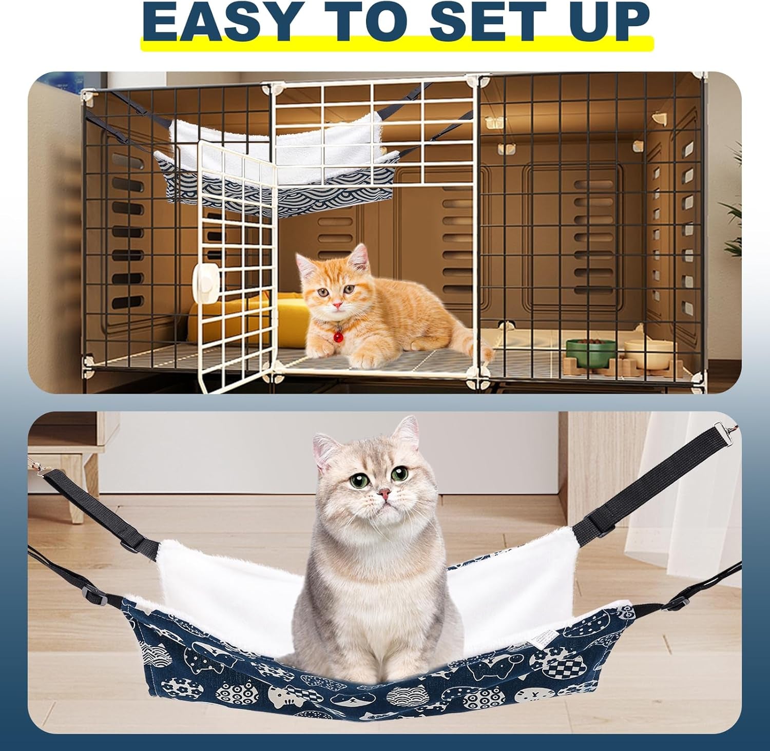 BCHARYA 2 Pieces Cat Hammock for Cage Hanging Reversible, Soft Pet Cage Hammock with Adjustable Straps, Double Hammock Suitable for Cats, Puppy, Ferrets, and Small Animals (M, CAT) ﻿