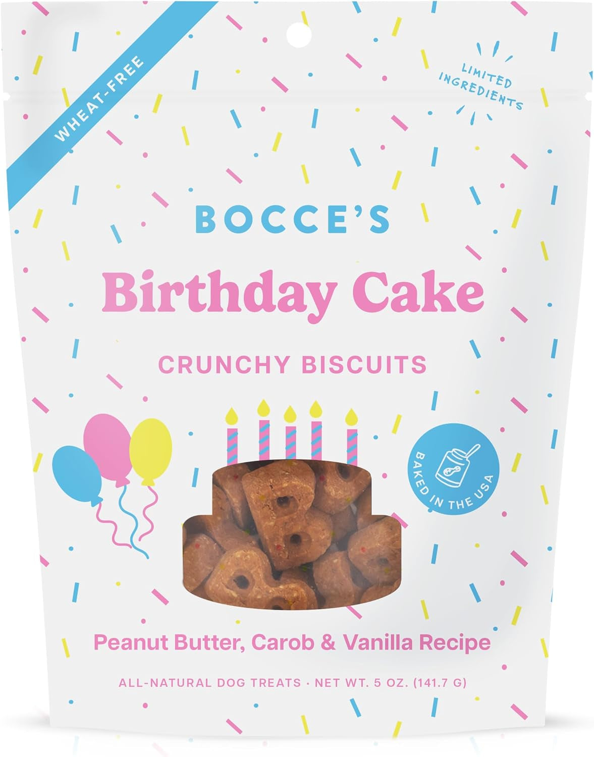 Bocce'S Bakery Birthday Cake Treats for Dogs - Special Edition Wheat-Free Dog Treats, Made with Real Ingredients, Baked in the USA, All-Natural Peanut Butter Vanilla Biscuits, 5 Oz