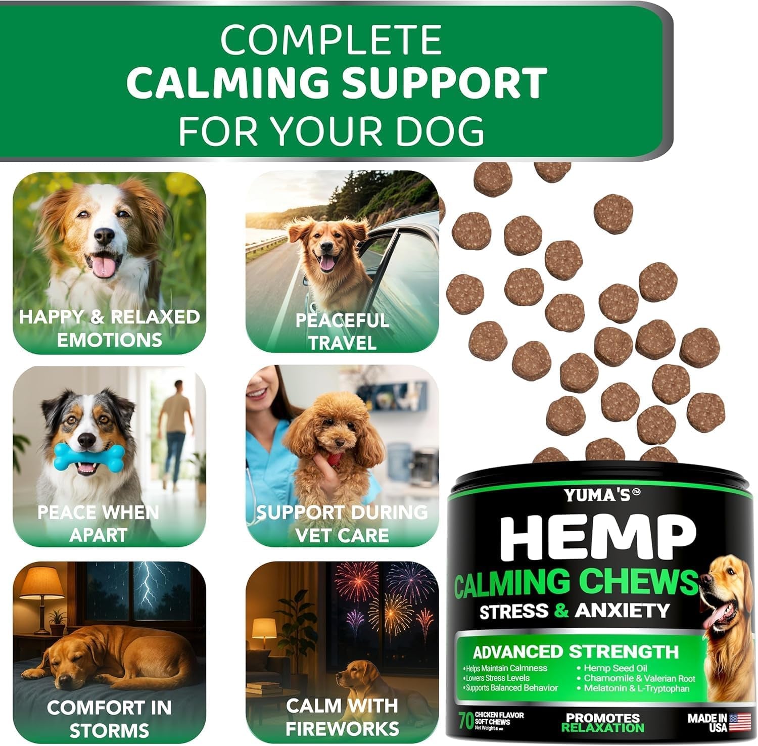 Advanced Calming Chews for Dogs - Hemp Dog Calming Chews - Anxiety Relief Treats with Melatonin, Hemp Oil - Separation Aid, Stress, Hip and Joint Supplement for Canine Health Support - Made in USA