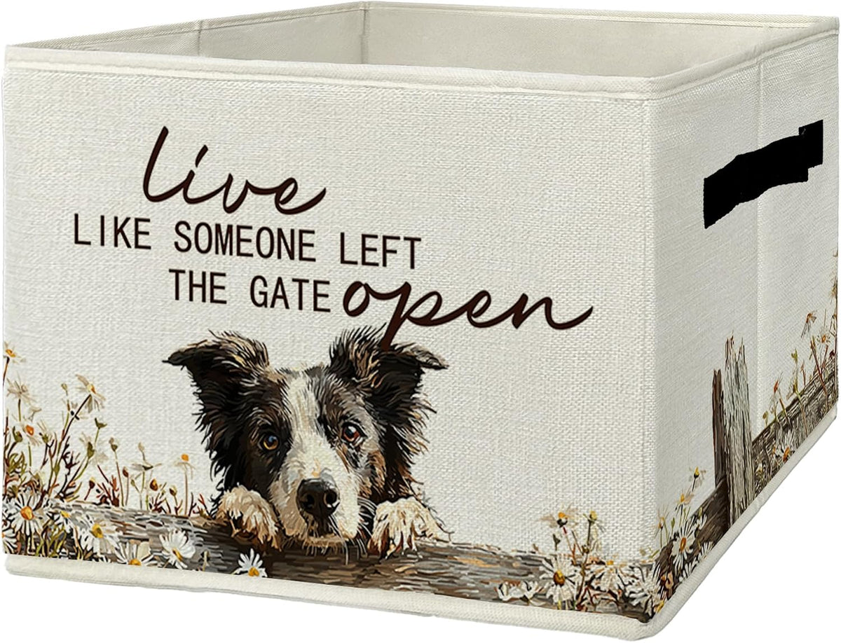 Border Collie Gifts Storage Bins with Handles, Rustic Farmhouse Dog Foldable Basket for Organizing, Live like Someone Left the Gate Open Collapsible Storage Basket for Bedroom Bathroom