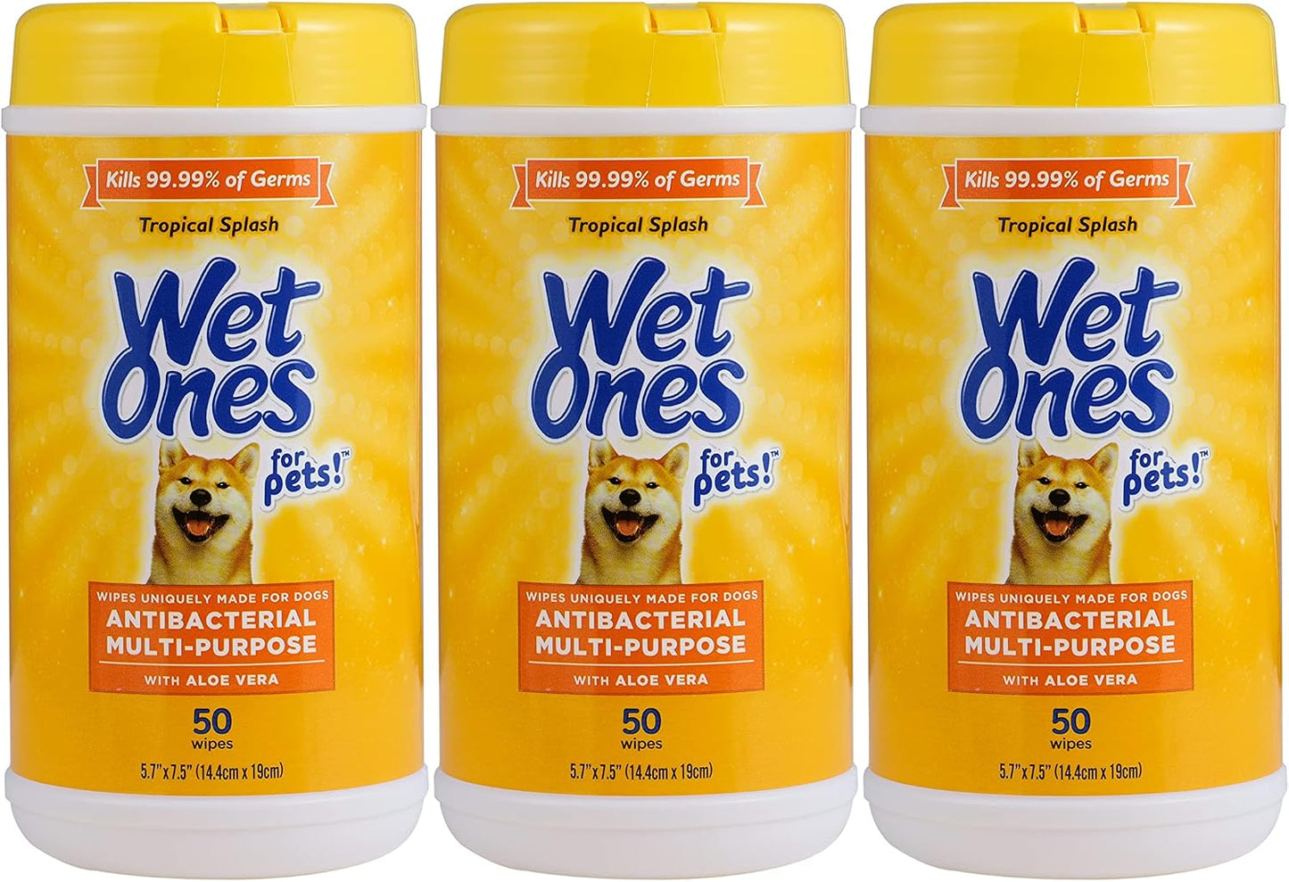 Wet Ones for Pets Antibacterial Dog Wipes, Multi-Purpose Grooming Wipes with Aloe Vera for Paws, Face & Body, Easy Cleanups between Baths, Tropical Splash Scent, 5.7 in X 7.5 In, 50 Count - 3 Pack