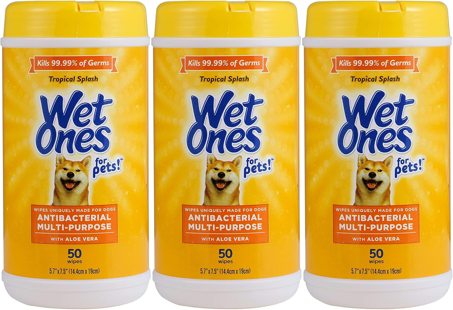 Wet Ones for Pets Antibacterial Dog Wipes, Multi-Purpose Grooming Wipes with Aloe Vera for Paws, Face & Body, Easy Cleanups between Baths, Tropical Splash Scent, 5.7 in X 7.5 In, 50 Count - 3 Pack