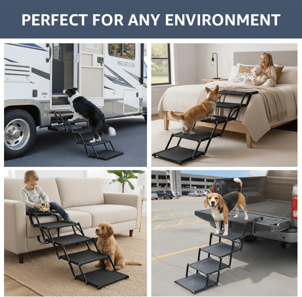 Oiilores Foldable Dog Stairs for Large Dogs - Extra Wide Pet Ramp for Cars, SUV, Truck, Non-Slip Surface, Supports up to 250 Lbs, 5 Steps