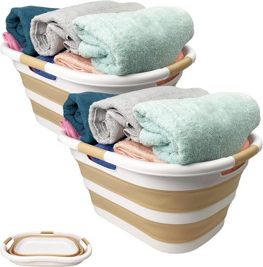 SAMMART 40L (10.5 Gallon) Set of 2 Plastic Foldable Laundry Basket - Collapsible, Space Saving and Portable Laundry Hamper, Ideal for Home, Travel, Dorm, and Camping (2, White/Beige)