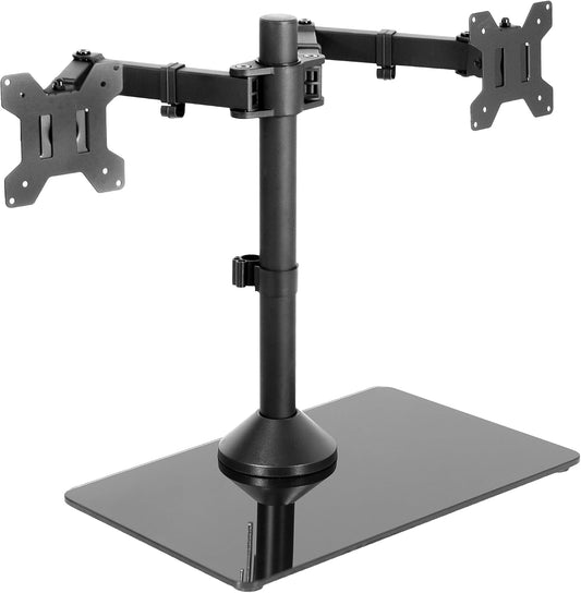 VIVO Freestanding Dual Monitor Stand with Sleek Glass Base and Adjustable Arms, Mounts 2 Screens up to 32 Inch and 22 Lbs Each, Black, STAND-V002FG