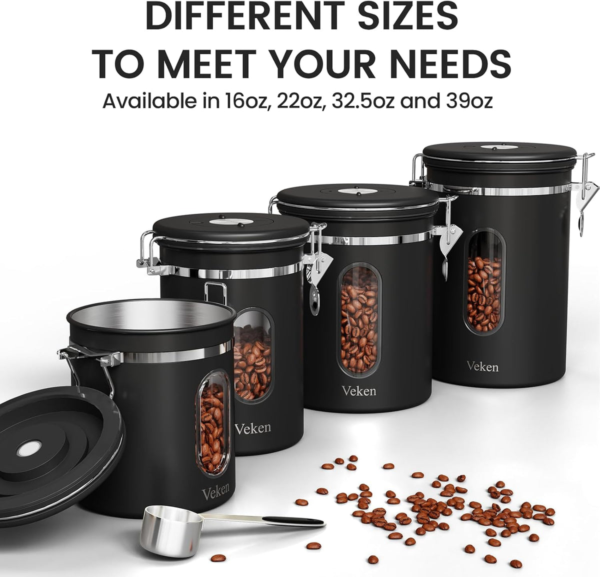 Veken Coffee Canister with Window,Airtight Stainless Steel Compact Jar,16Oz
