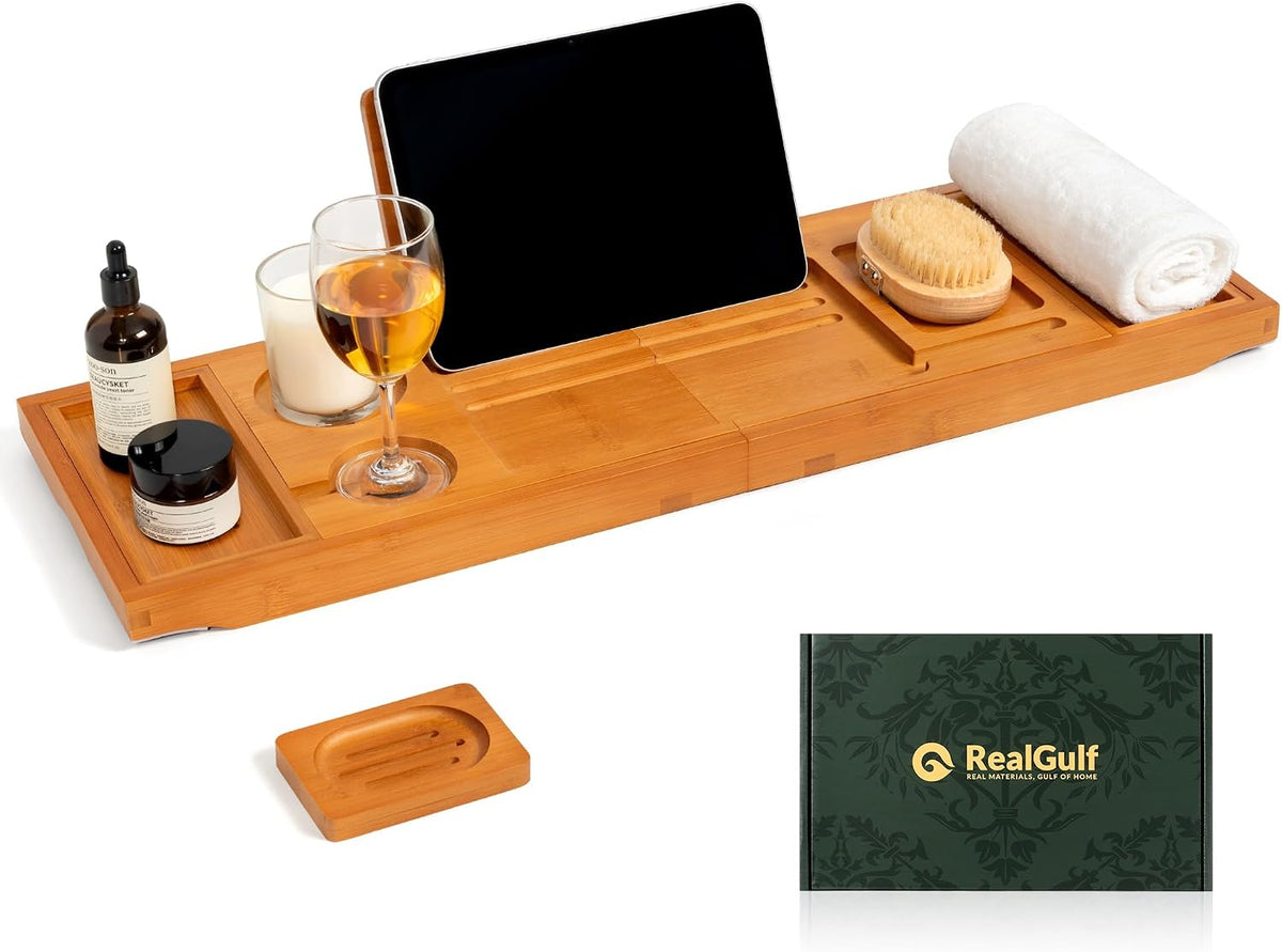 Bathtub Tray Caddy, Honey Bamboo Expandable Bath Organizer