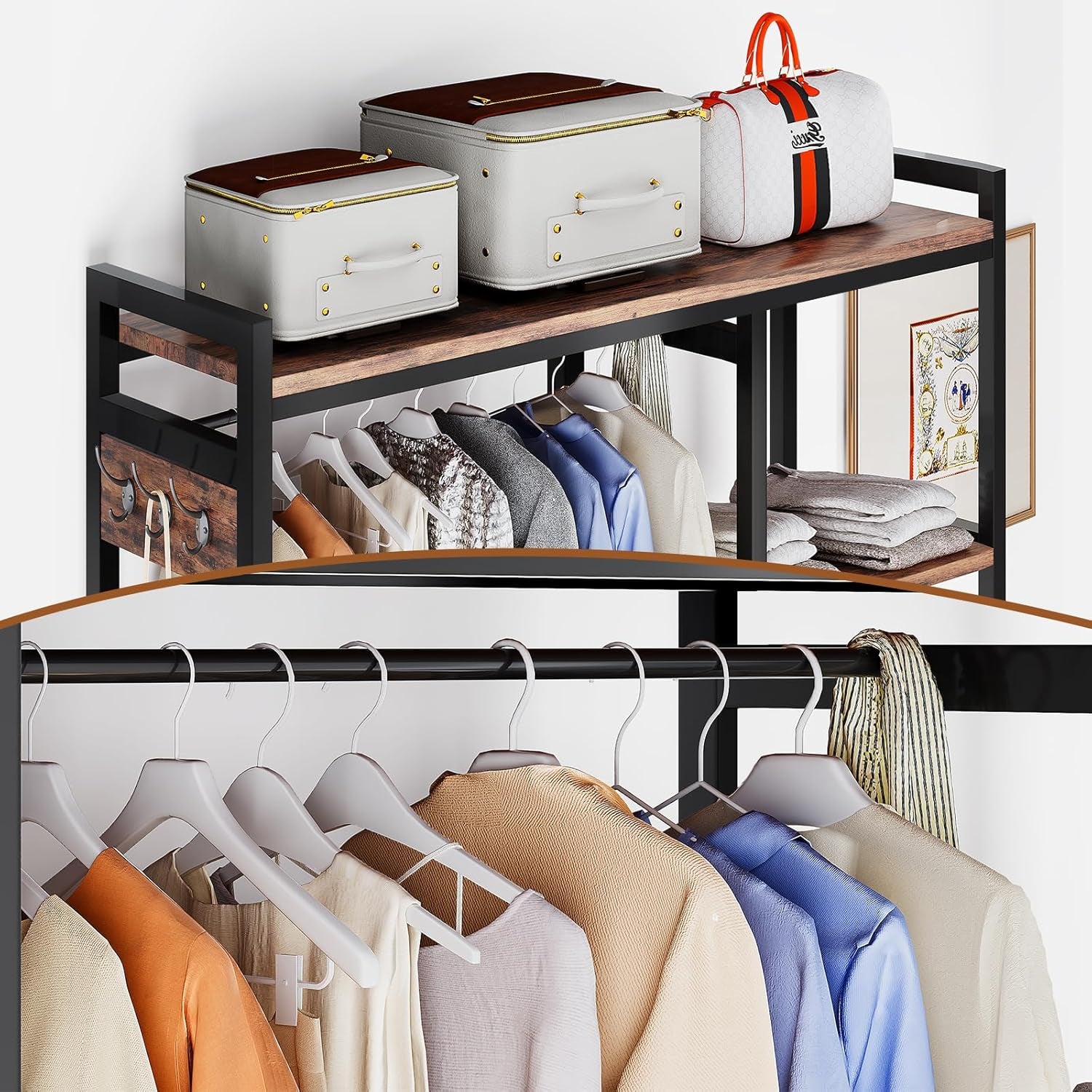 Clothes Rack, Heavy Duty Garment Rack for Clothes, Industrial Clothing Racks with Shelves, 2 Fabric Drawers and 6 Side Hooks, Freestanding Metal Wooden Closet Organizer, Rustic Brown ZER-010