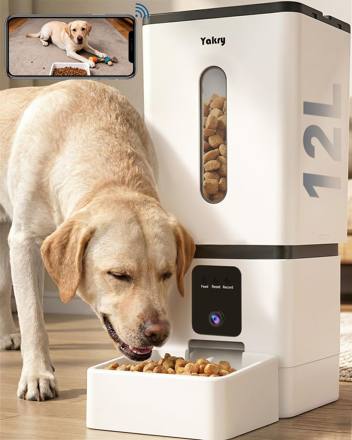 Automatic Dog Feeder Large Breed with Camera - 12L/50 Cups Anti-Clog Dog Food Dispenser for Kibble up to 20Mm/0.78 in - Wifi App Scheduling & HD 1080P Camera for Remote Mealtime Check-Ins by Yakry