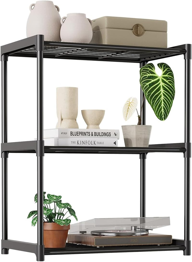 3-Tier Storage Shelves with Plastic Connectors – Metal Shelf Organizer for Pantry, Closet & Bathroom, Space-Saving Sturdy Shelving Unit Rack, Black, 17.3" X 12.8" X 28.9"