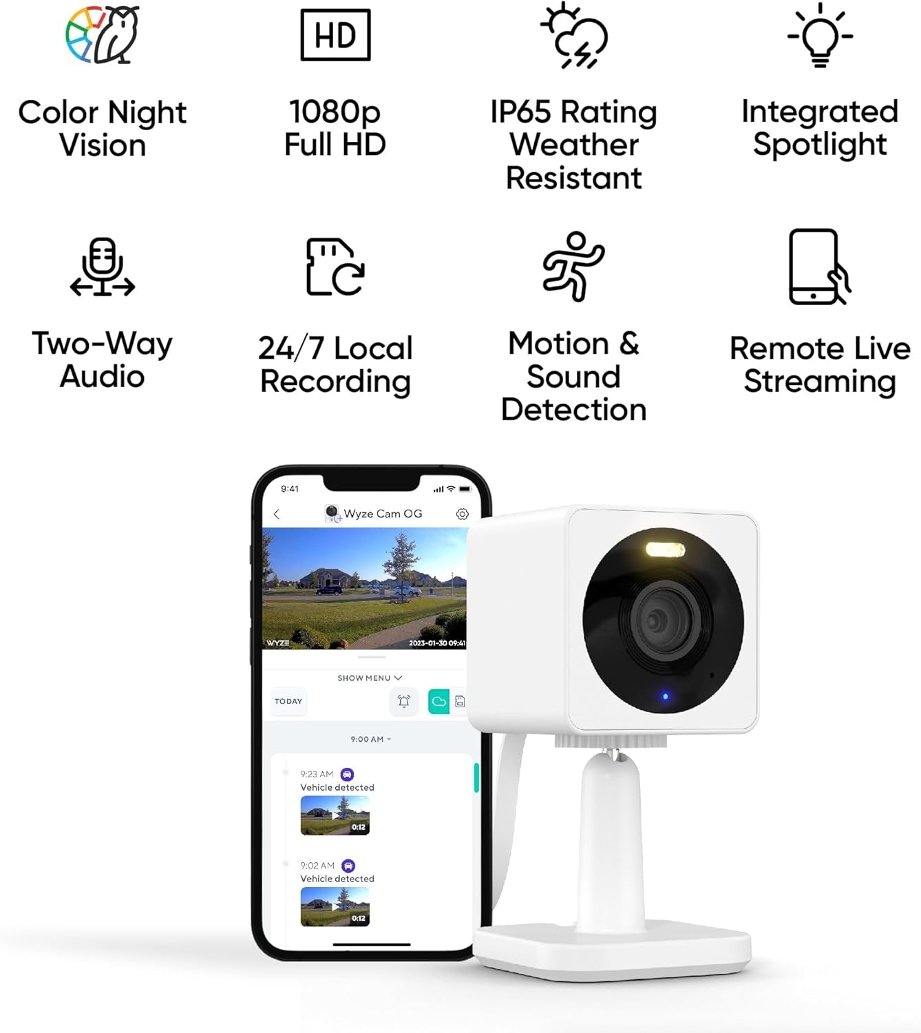 Wyze Cam OG Indoor/Outdoor 1080P Wi-Fi Smart Home Security Camera with Color Night Vision, Built-In Spotlight, Motion Detection, 2-Way Audio, Compatible with Alexa & Google, White, Free Expert Setup