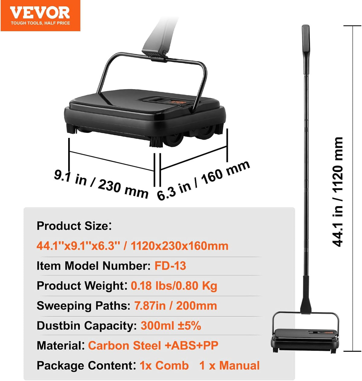 VEVOR Carpet Sweeper Manual, Floor Sweeper with 300 Ml Dustbin Capacity Easy to Empty, for Home Office Carpets Pet Hair Dust, Black