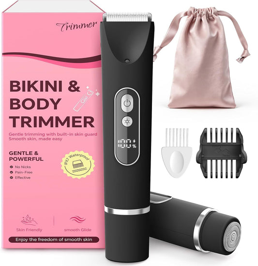 Bikini Trimmer for Women,Smooth Electric Razor for Sensitive Skin, IPX7 Waterproof Wet & Dry Cordless Body Shaver & Grooming Set for Bikini Area, Pubic Hair, Face Underarms & Legs (Black)