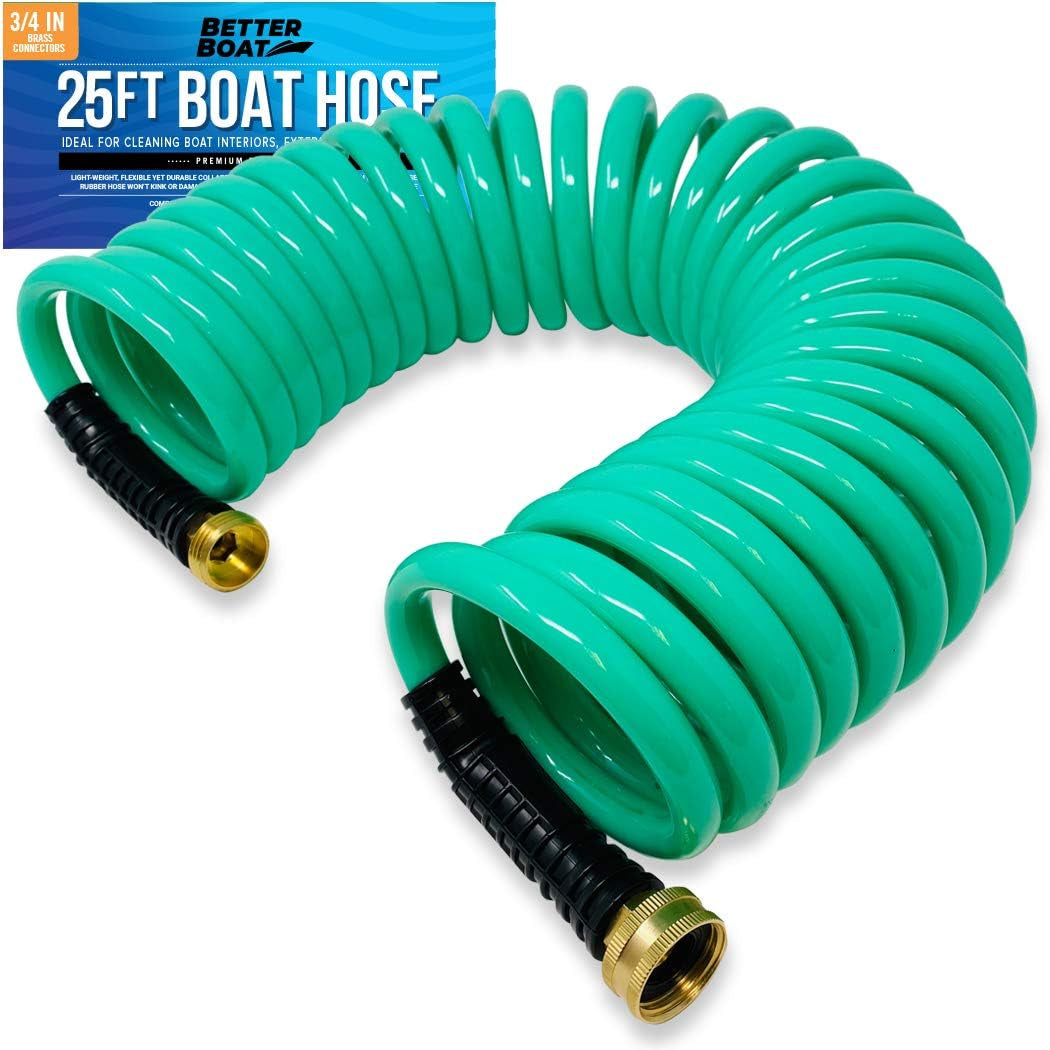 25FT Coiled Boat Hose, Expandable Coil Water Hose, Marine Grade 3/4 Inch