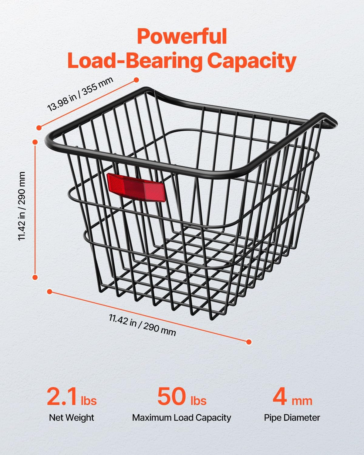 VEVOR Rear Bike Basket, Metal Wire Bicycle Basket with Reflective Tail Light & Waterproof Cover, Durable Bike Back Basket, Fits to Most Rear Bike Racks