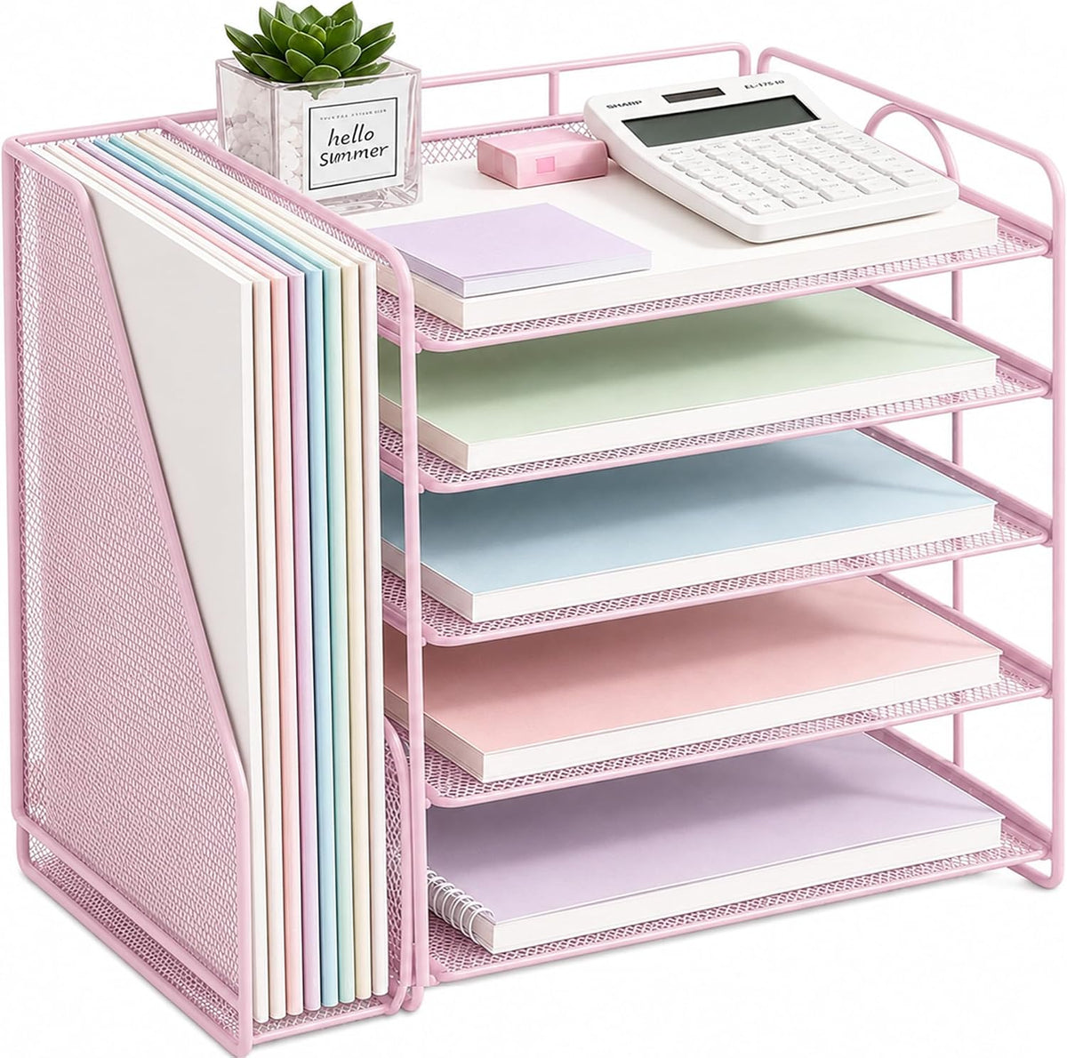 Desk Organizer, 5-Tier Paper Organizer Letter Tray, Pink