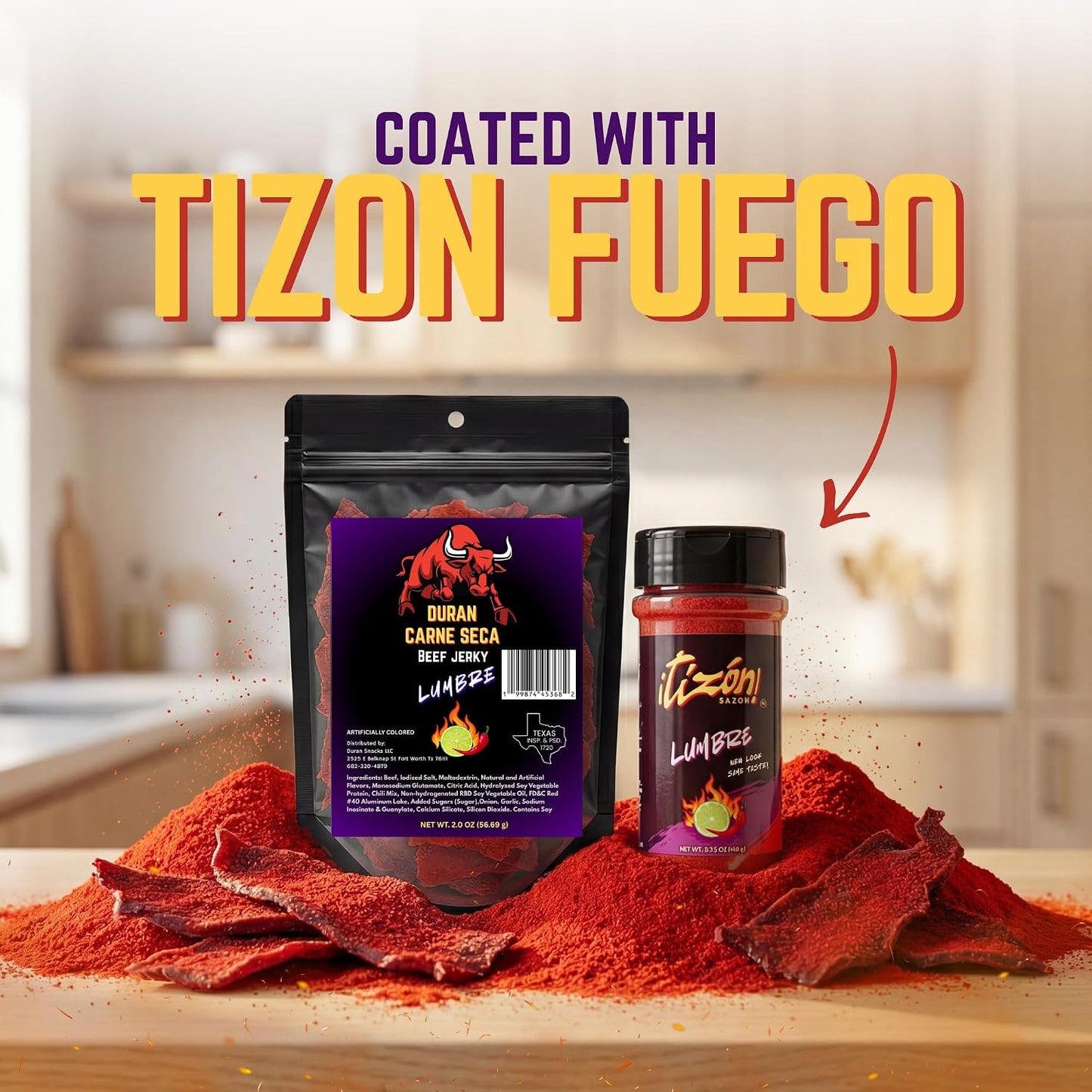 Tizon Lumbre Carne Seca - Spicy Fuego Beef Jerky Snack, Premium Mexican-Style Dried Beef, 2Oz Resealable Pouch, No Added Hormones, USA Made