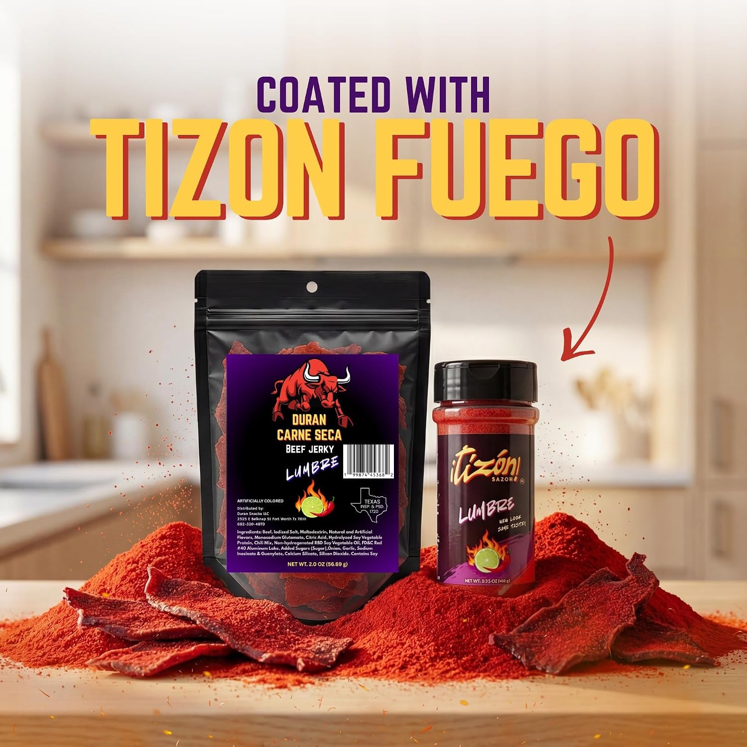 Tizon Lumbre Carne Seca - Spicy Fuego Beef Jerky Snack, Premium Mexican-Style Dried Beef, 2Oz Resealable Pouch, No Added Hormones, USA Made