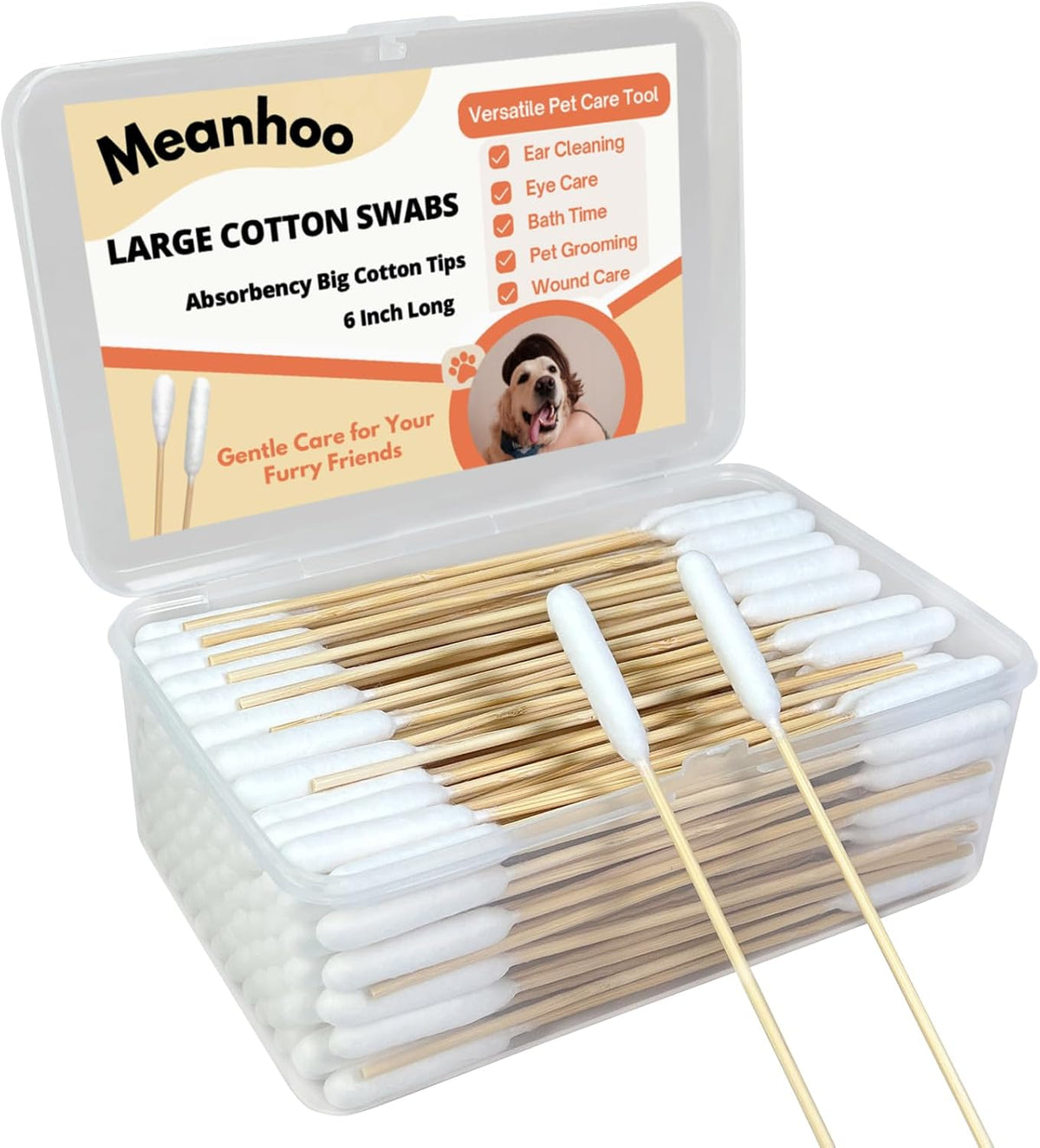200 Extra Large Dog Ear Swabs, 6-Inch Bamboo Handle for Grooming Care