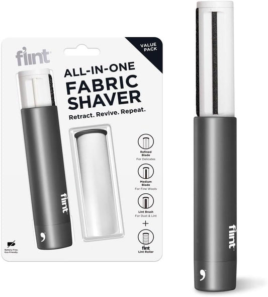 Flint All-In-One Fabric Shaver, Compact, Retractable & Travel-Friendly Fuzz Remover with 2 Fabric-Safe Care Surfaces, Lint Brush & Lint Roller, Ultimate Depiller for Clothes, Eco-Friendly