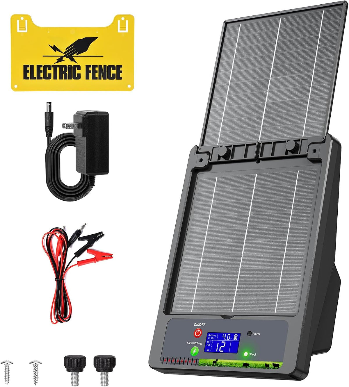20 Miles Solar Electric Fence Charger, Adjustable Output 6-12KV, 0.3/0.8/1.5/2.0 Joule, 24H Portable Solar Fence Charger with Foldable Solar Panel, Ideal for Livestock/Garden/Orchard/Farm Protection