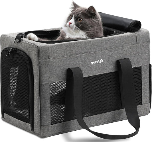Pecute Airline Approved Cat Carrier, Pet Carrier Soft-Sided, Portable Dog Carrier with Stable Structure, TSA Approved Pet Carrier for Pets Less than 12Lbs, Cat Carrier Bag Suitable for Travel, Gray