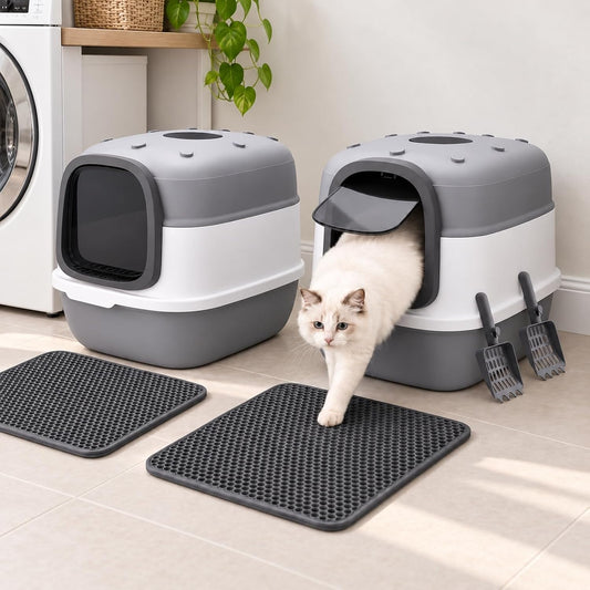 Litter Box with Lid, Enclosed Litter Box 2 Pack, 20″×15″×15″, Mat & Scoop