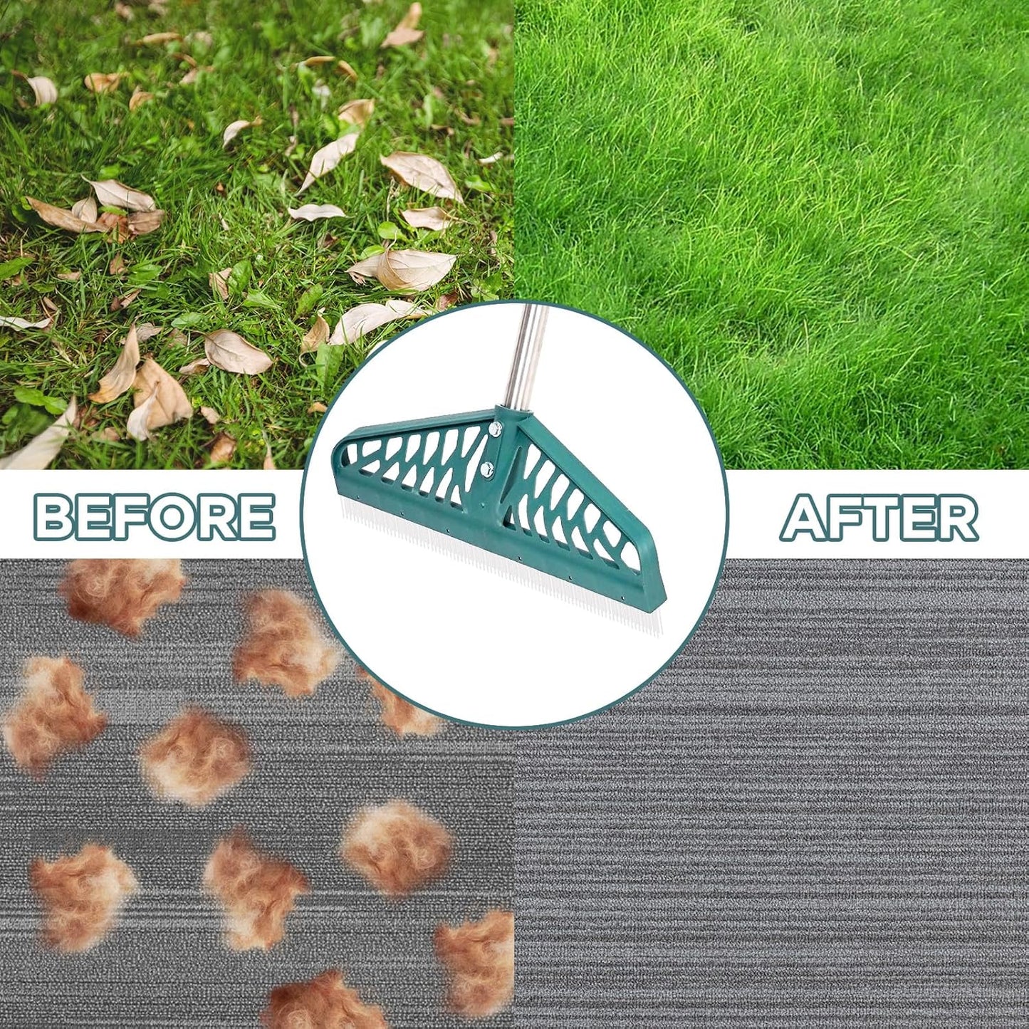 YEELOR Artificial Turf Rake with Adjustable Steel Handle from 32 to 61 Inch, Durable Artificial Grass Rake, Turf Brush for Cleaning Pet Hair, Large Fallen Leaves and Dead Grass from Artificial Turf